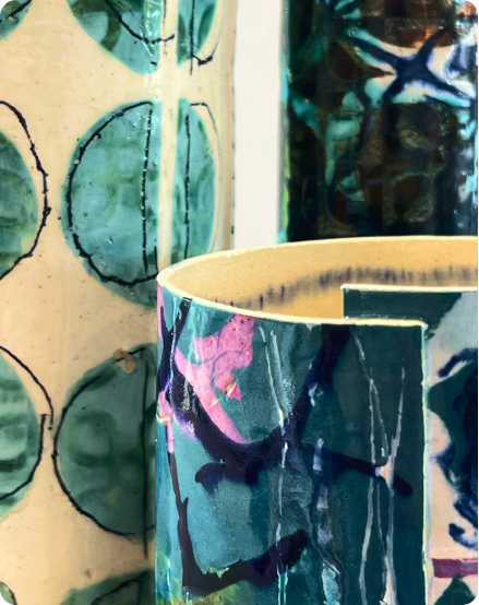 Patterned ceramic vessels in close-up